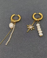Load image into Gallery viewer, Pearl Zircon Star Charm 18 Gold Plated Huggie Earrings