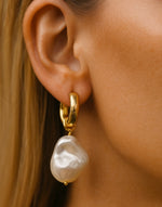 Load image into Gallery viewer, Pearl Charm Pendant 18K Stainless Steel Huggie Earrings