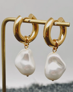 Load image into Gallery viewer, Pearl Charm Pendant 18K Stainless Steel Huggie Earrings