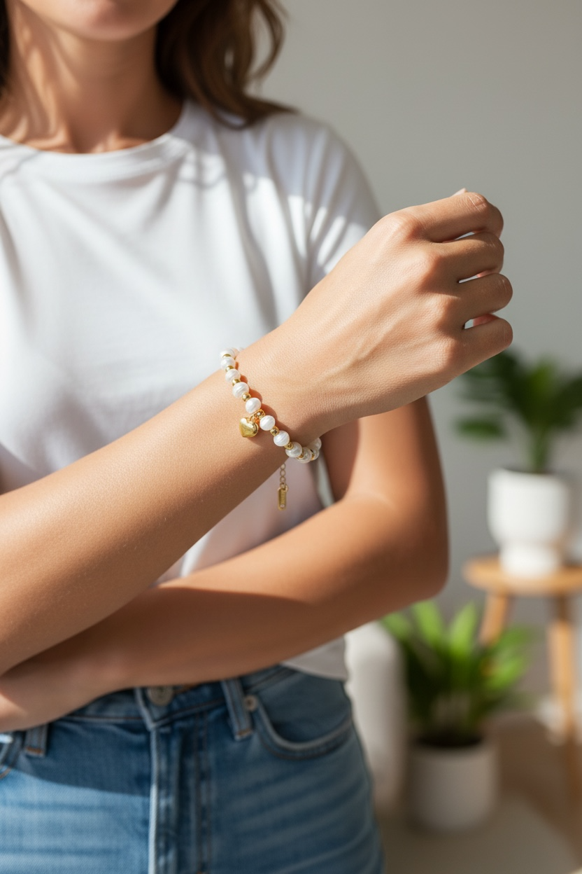 Stainless Steel Heart Pendant Pearl
Beaded Bracelet