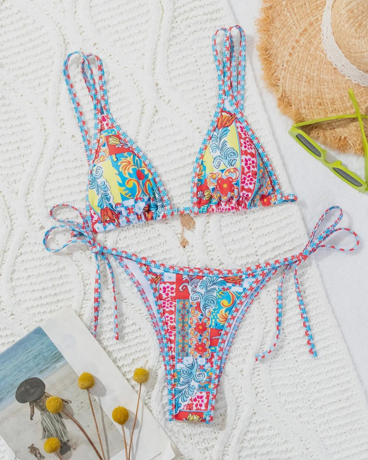 Bohemian print lace up sexy bikini split swimsuit set   tulip