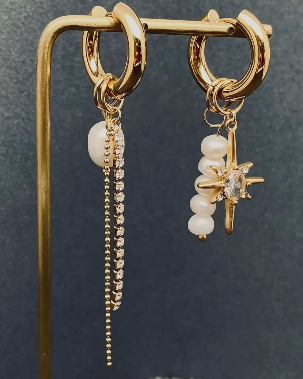 Pearl Zircon Star Charm 18 Gold Plated Huggie Earrings