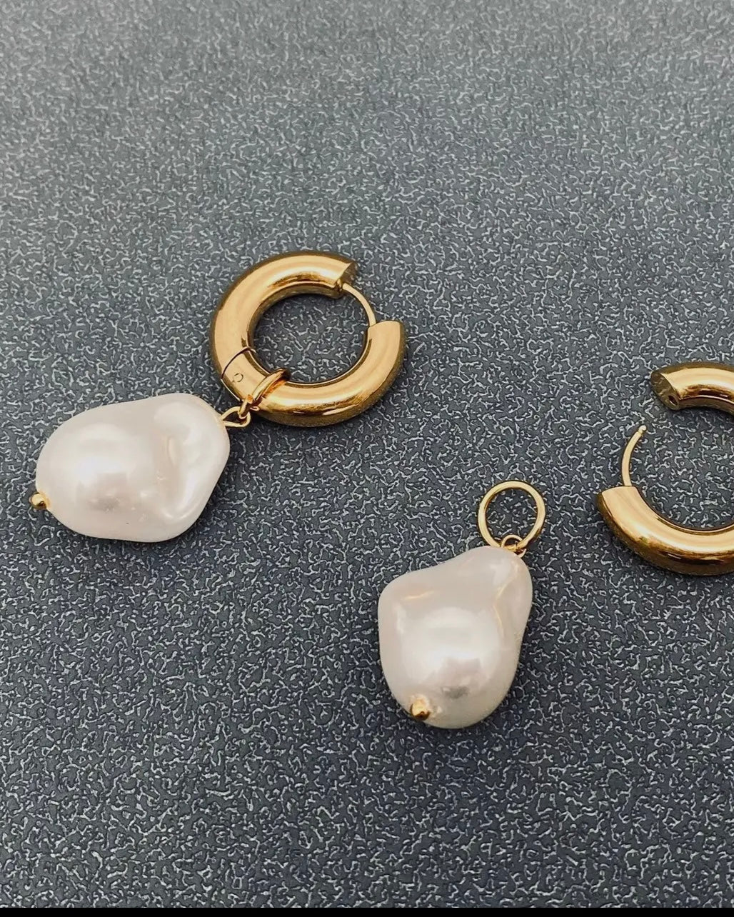 Pearl Charm Pendant 18K Stainless Steel Huggie Earrings