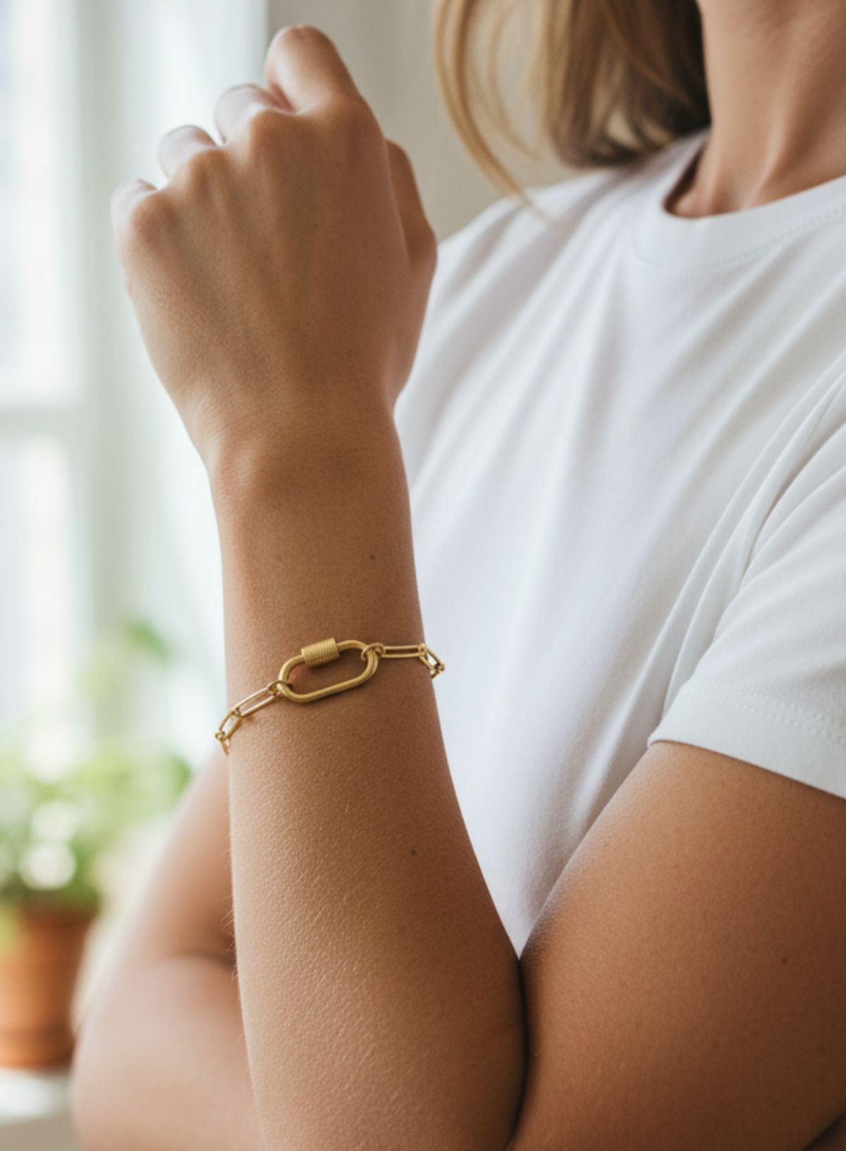 18k gold pvd stainless steel paperclip carabiner bracelet