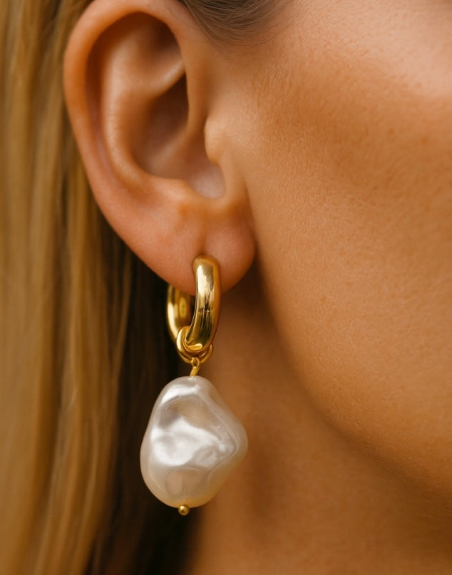 Pearl Charm Pendant 18K Stainless Steel Huggie Earrings