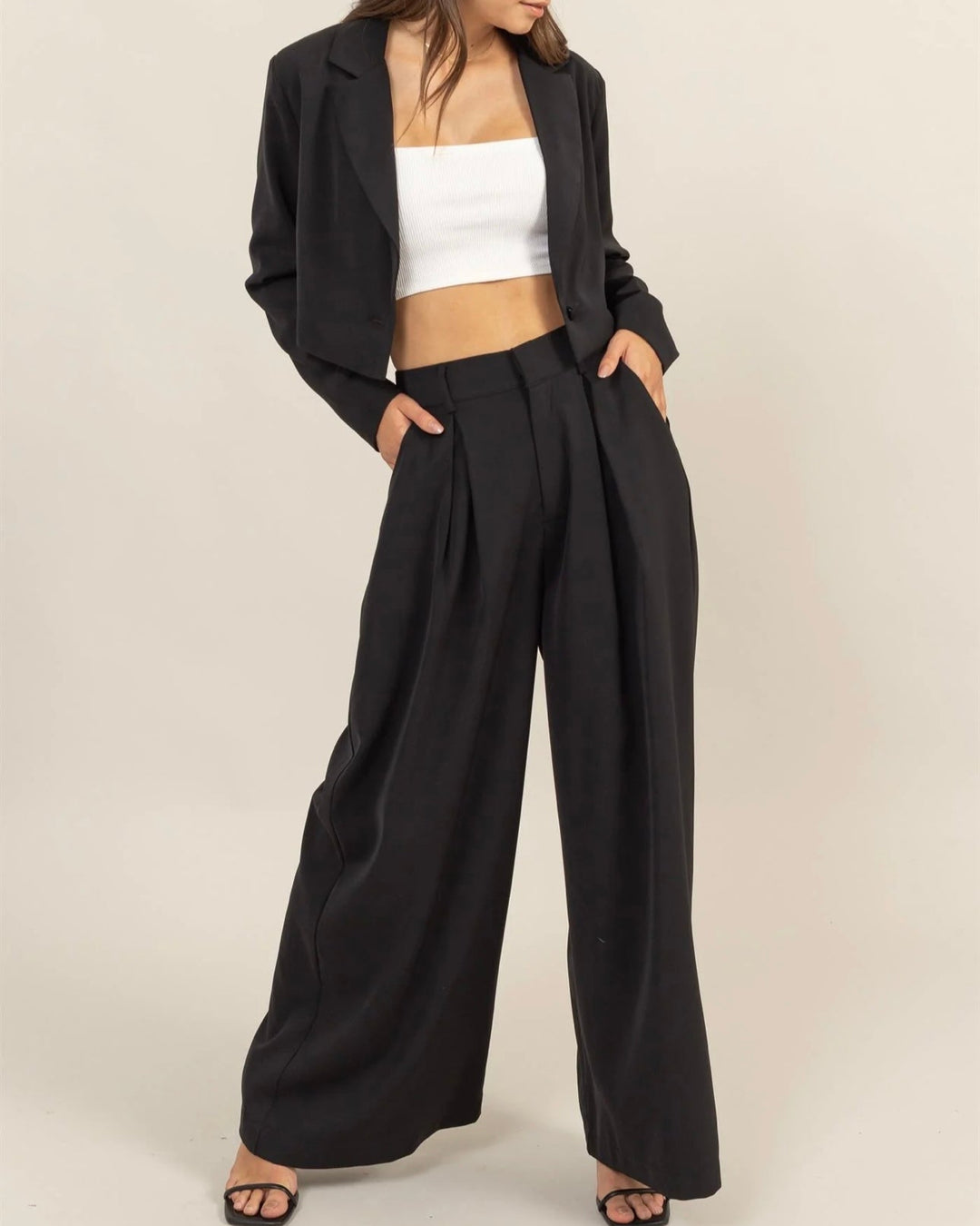 SET CROPPED BLAZER AND WIDE LEG PANTS SET