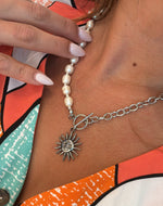 Load image into Gallery viewer, ￼ Half big chain half pearls, with sun pendant
