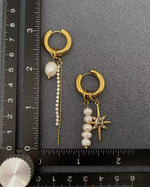 Load image into Gallery viewer, Pearl Zircon Star Charm 18 Gold Plated Huggie Earrings

