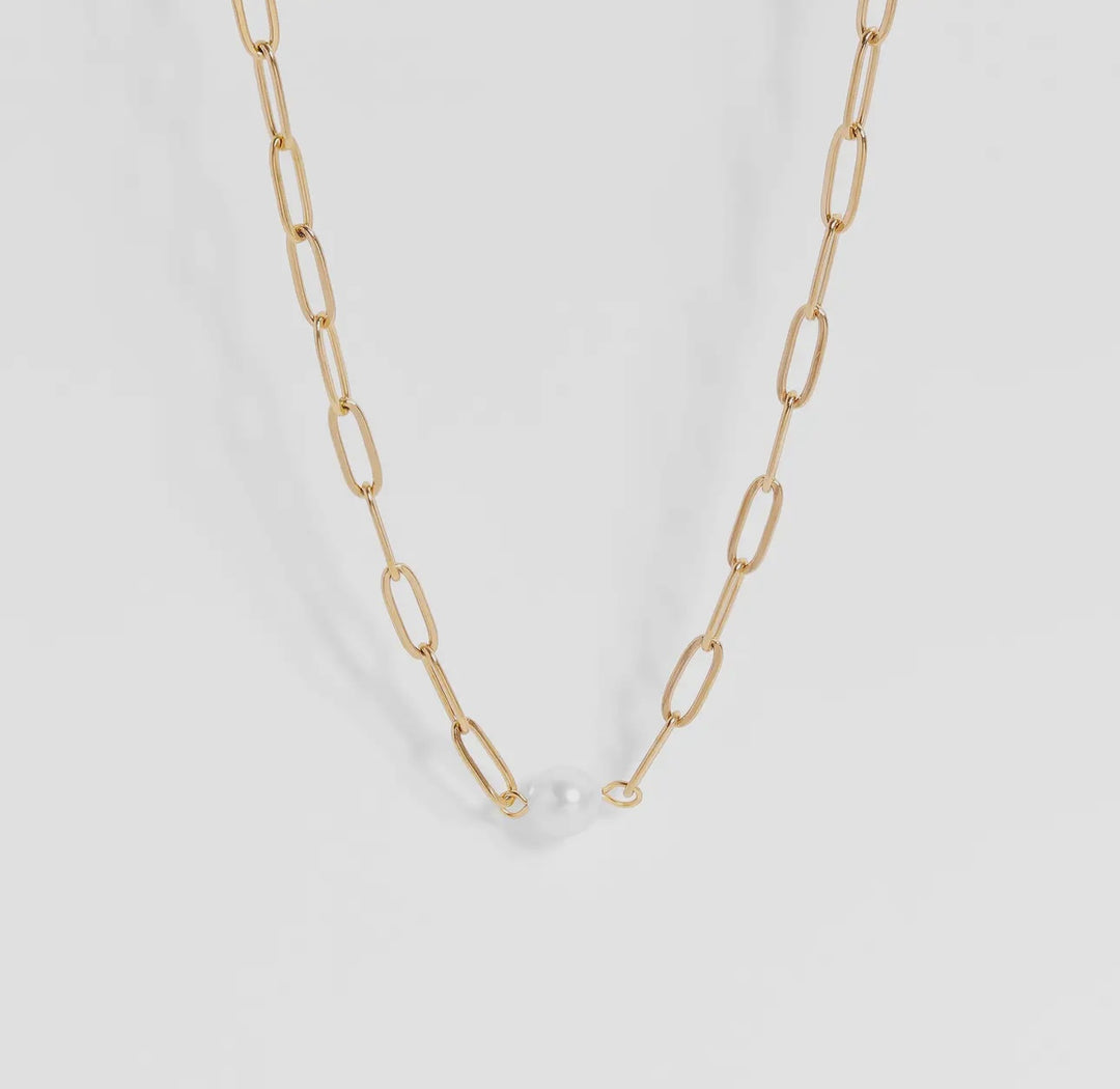 Stainless Steel / Gold Paperclip Necklace with Pearl