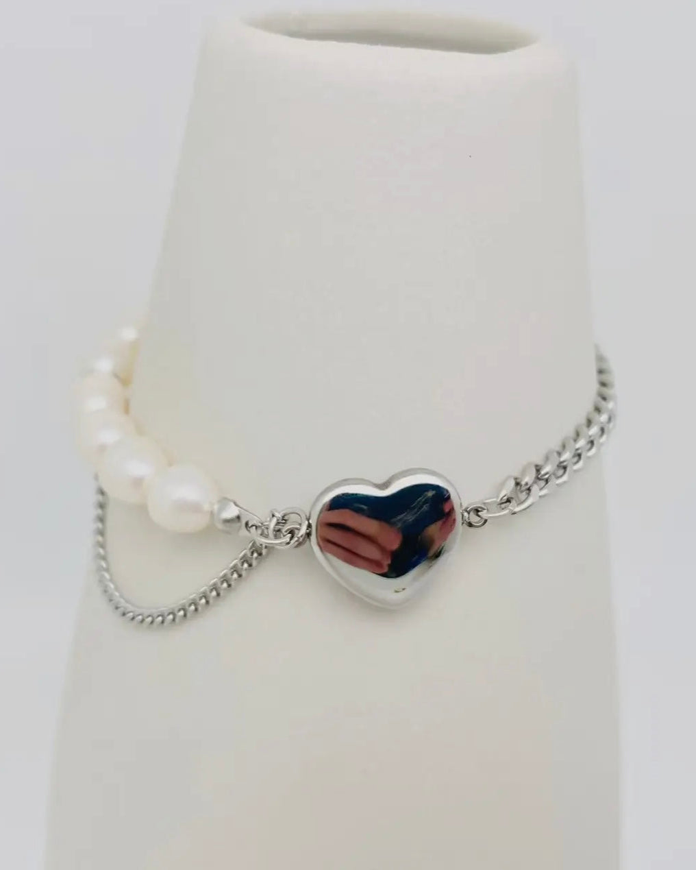 Heart-Shaped Pendant Pearl Stainless Steel Chain Bracelet