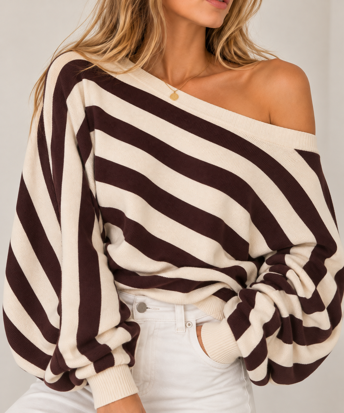 Chocolate stripe off shoulder sweater