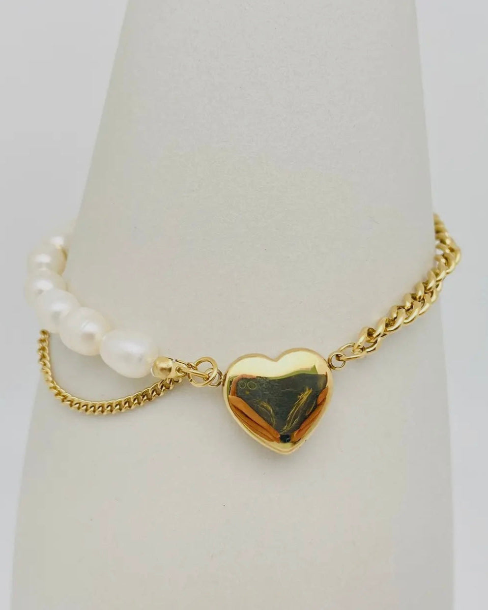 Heart shaped pendant pearl stainless steel chain bracelet