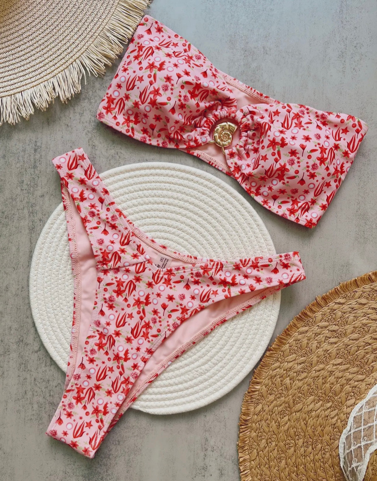 Floral print strapless cutout bikini set