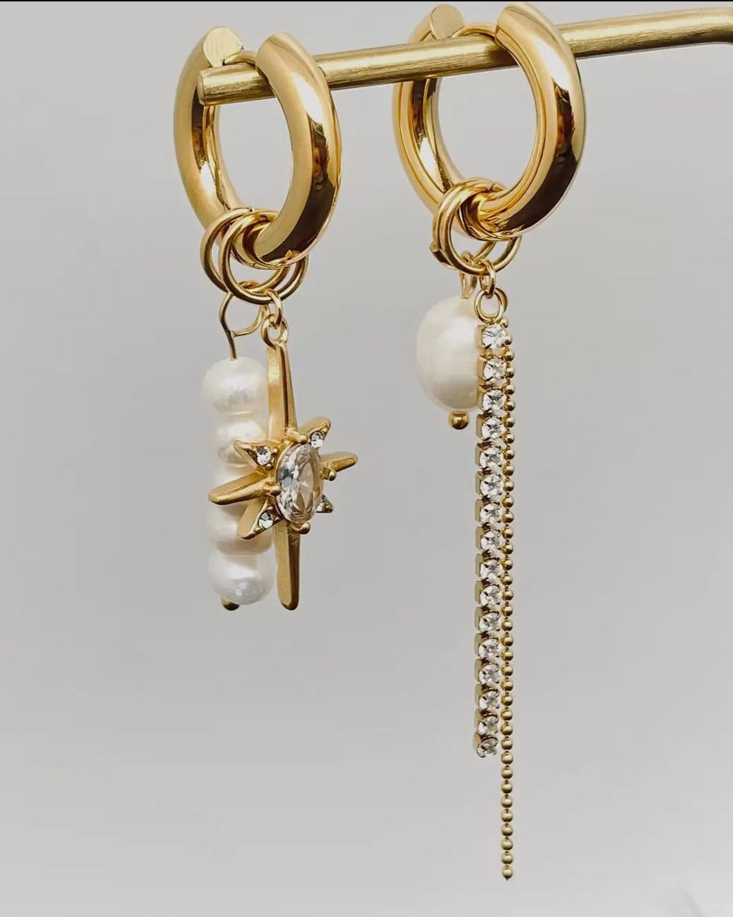 Pearl zircon star charm 18 gold plated huggie earrings