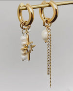 Load image into Gallery viewer, Pearl Zircon Star Charm 18 Gold Plated Huggie Earrings
