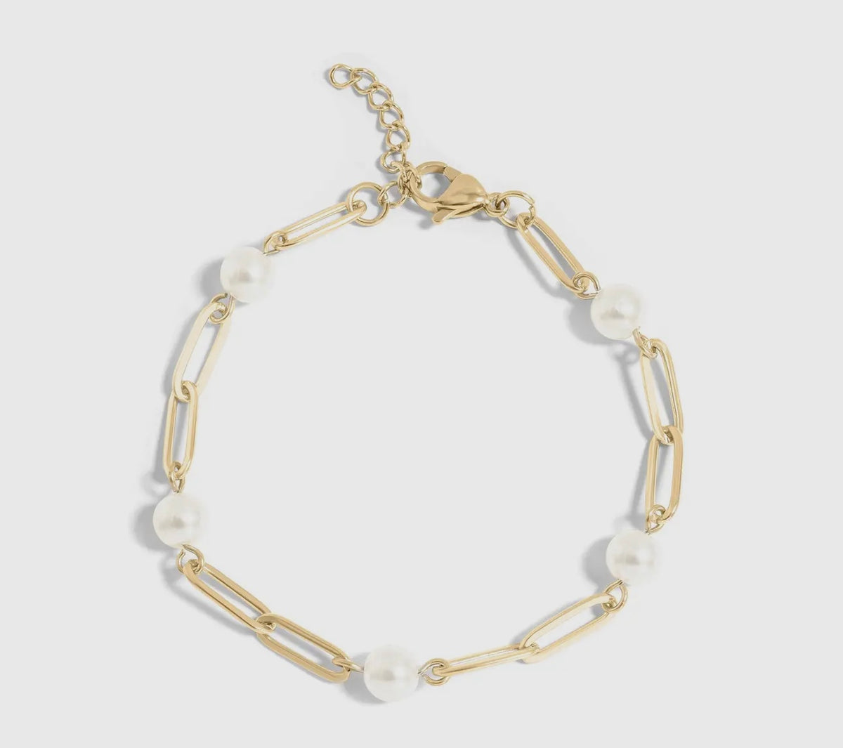 18k gold pvd steel station pearl paperclip chain bracelet