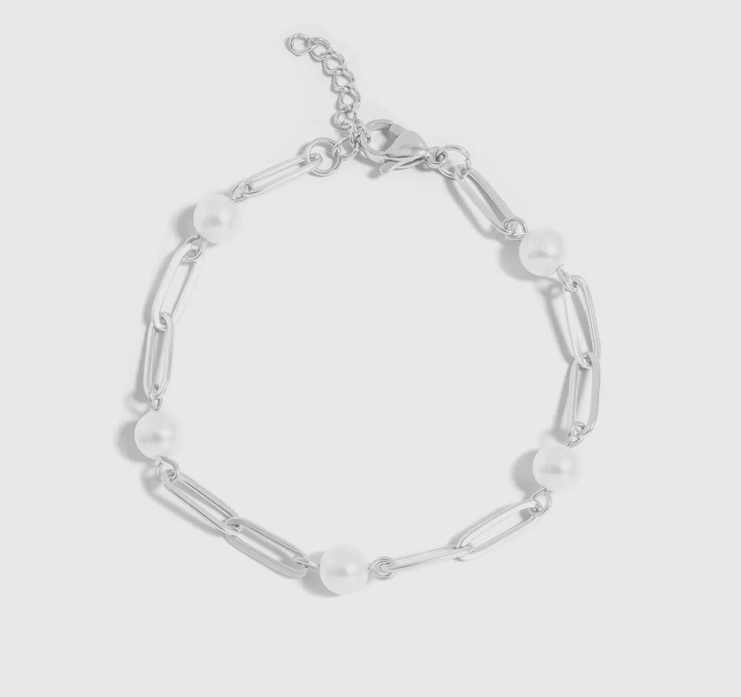 18K Gold Pvd Steel Station Pearl Paperclip Chain Bracelet
