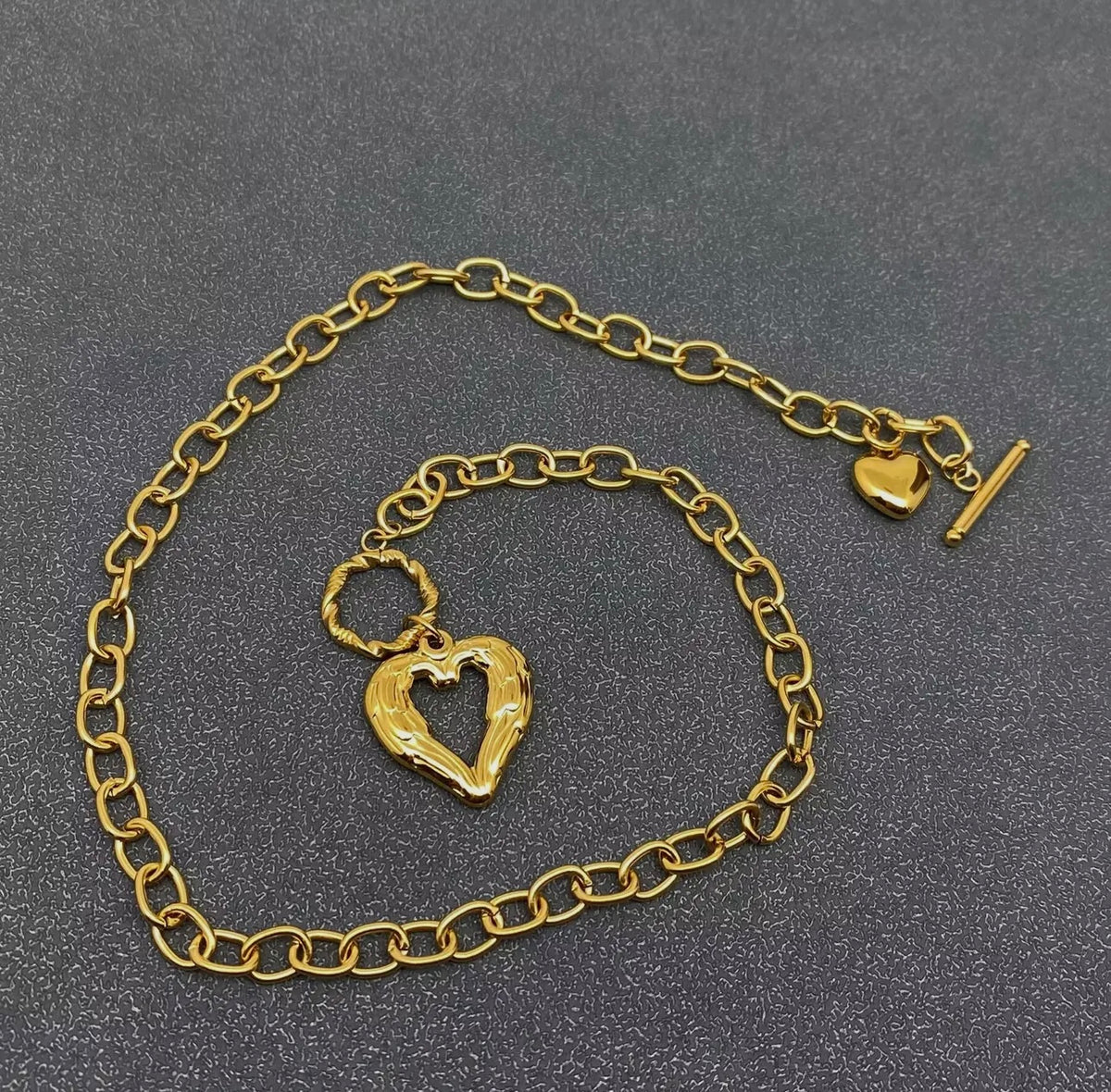 Double heart charm18k gold plated ss ot buckle necklace