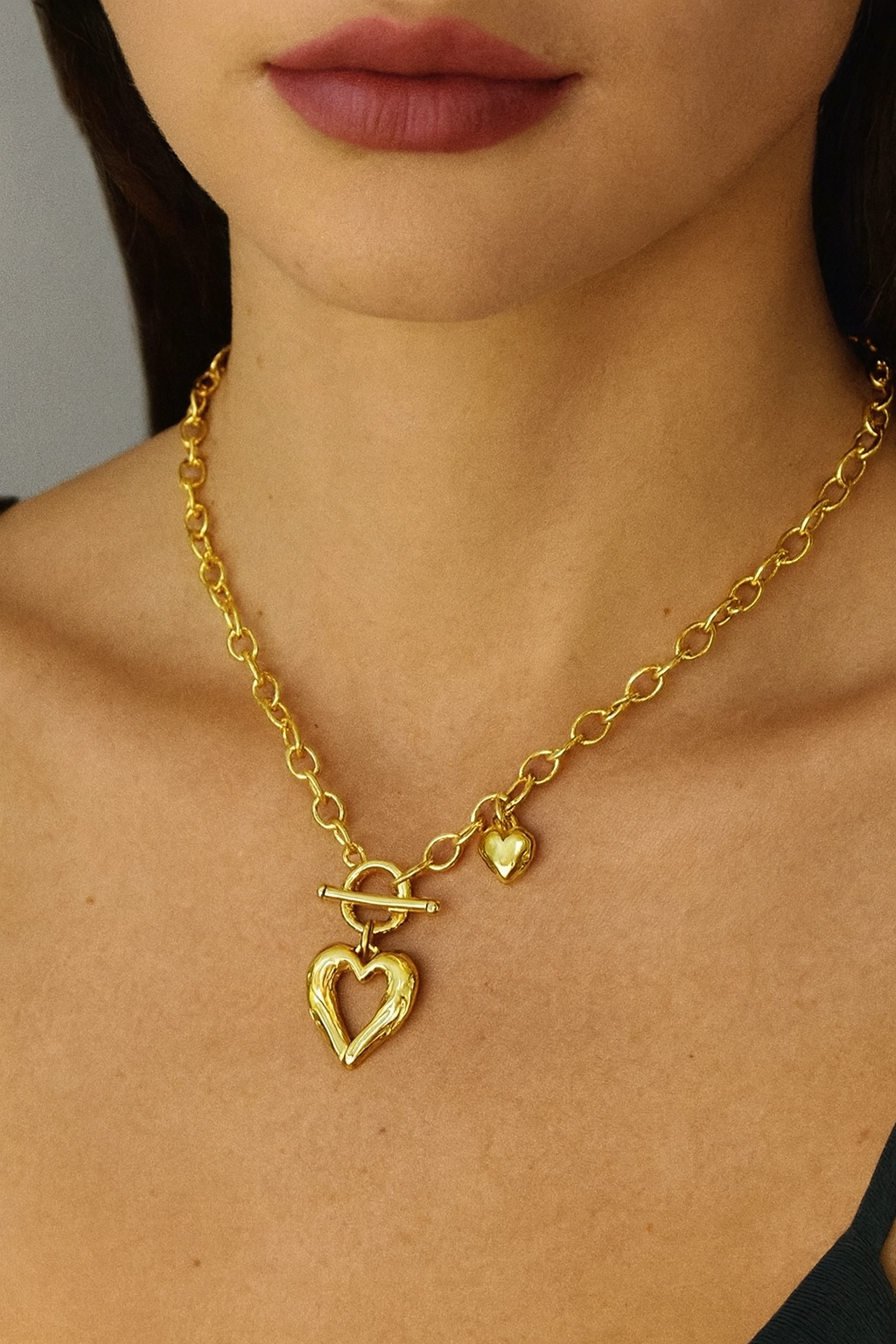 Double heart charm18k gold plated ss ot buckle necklace
